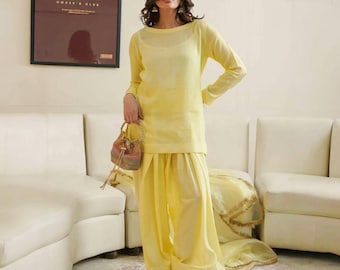 Pastell Gelb Farshi Shalwar Kameez Sheesha Seide | Pakistanischer Designer 3-teiliger Anzug | Hochzeits-Gastkleid | Elegante ethnische tragen