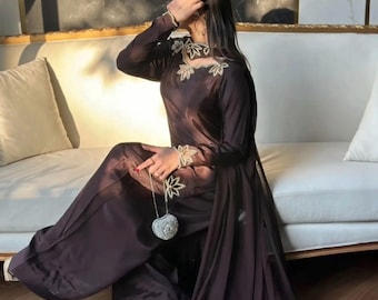 Elegante conjunto de traje Farshi Shalwar, vestido de novia pakistaní-indio, atuendo nupcial modesto, ropa formal de lujo.