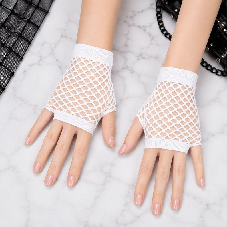 Fishnet Fingerless Gloves for Women, 80s Mesh Gloves, Goth Emo Gloves, Punk Rave Accessories, Festival Outfit White