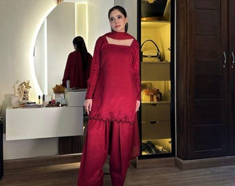 Farshi Shalwar Sheesha Seidenanzug Frauen | Pakistanischer Designer 3PC Salwar Kameez | Party Wear Hochzeitsgast Kleid