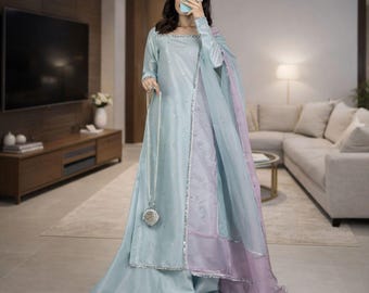 Der pakistanische Designer Farshi Shalwar Kameez | Sheesha Seidenanzug 3-Teiler | Elegantes Hochzeitskleid Ethnic Outfit