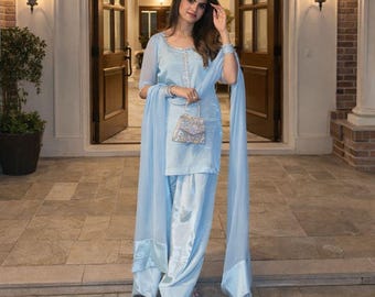 Farshi salwar, vestido pakistaní de 3 piezas, shisha, kameez largo de seda, ropa étnica para invitadas de boda india