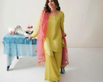 Senf Sheesha Seide Farshi Shalwar Anzug mit Dupatta - Pakistanische Designer Salwar Kameez, Hochzeit Gast Kleid, Festliche Ethnische Kleidung