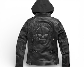 Chaqueta de cuero Harley-Davidson con calavera reflectante para mujer (negro)