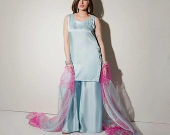 Pastell Blau Sheesha Seide Farshi Shalwar Kameez | Pakistanischer Designer 3-teiliger Anzug | Eid Party Wear Hochzeit | Elegantes ethnisches Outfit