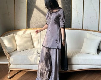 Grauer Sheesha Seide Farshi Shalwar Anzug | Pakistanisch indische Designer Salwar Kameez | Luxus 3-teilige formelle Party Wear Outfit