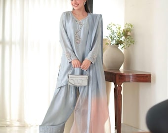 Designer Farshi Shalwar Anzug Sheesha Seide | Pakistanische indische Salwar Kameez | Luxus Festliches Hochzeits Outfit für Damen