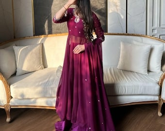 Vestido largo pakistaní morado de 3 piezas, maxi vestido largo bordado con pantalón y dupatta, vestido formal indio, ropa de fiesta.