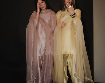 Benutzerdefinierte Pakistanische Shalwar Kameez, Farshi Hosenanzug, Minimale Stickerei Dupatta Borte, Hochzeitsgast Kleid