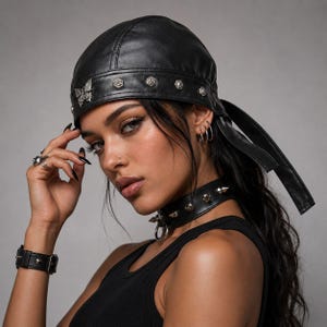 May include: A black leather durag featuring a silver butterfly emblem and small silver studs along the front band. The headwear includes two long ties at the back and is paired with a black leather spiked choker and a matching black leather wristband.