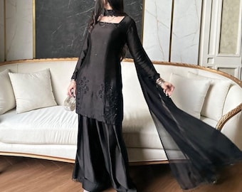 Schwarzer pakistanischer Farshi Shalwar Anzug | Sheesha Seide Designer Outfit | Formelles Eid Party Kleid | Elegante ethnische tragen