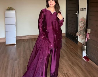 Royal Purple Silk 3PC Suit | Farshi Shalwar Kameez | Pakistani Designer Dress | Wedding Eid Formal Outfit