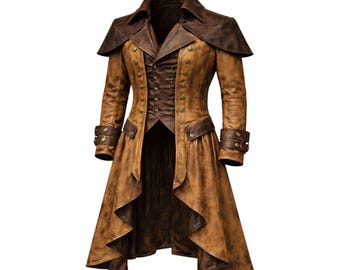 Echtleder Gothic Langer Mantel für Männer - Viktorianische Cosplay Steampunk Jacke