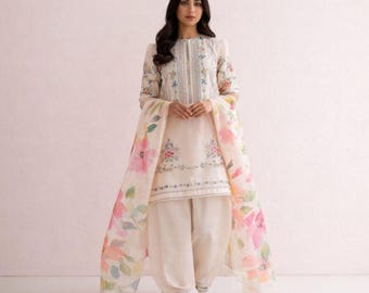 Pakistanischer Designer gedruckter Rasenanzug Farshi Shalwar Kameez 3-teilige bestickte Kurta Dupatta Eid Wear