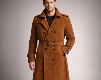 Vintage Herren Wildleder Trenchcoat - Langer Mantel mit Gürtel | Klassische Winterjacke