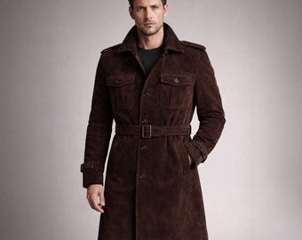 Schokoladenbrauner Wildledermantel für Herren - Vintage Winter Trenchcoat mit Gürtel