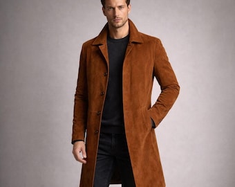 Herren Brauner Wildleder Trenchcoat - Vintage Langer Mantel | Handgefertigte Winter Lederjacke