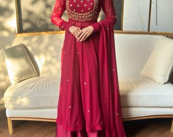 Vestido largo Anarkali rosa, traje de seda pakistaní hecho a mano, atuendo para invitada a boda india, ropa elegante para ocasiones festivas.