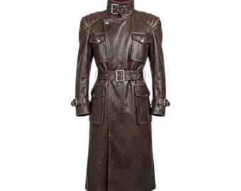Herren Vintage Steampunk Leder Duster - Gothic Viktorianischer Trenchcoat - Pirat Cosplay Jacke Braun