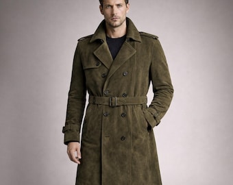 Olive Wildleder Trenchcoat für Herren - Zweireihiger langer Mantel mit Gürtel