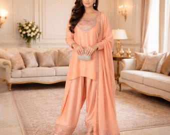 Pink Farshi Shalwar Kameez für Frauen | Sheesha Seide 3-teiliger Anzug | Pakistanische indische Hochzeit Gastkleid | Luxus Festtags-Outfit