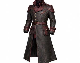 Herren Steampunk Cosplay Leder Trench - Handgemachter Gothic Langer Duster Mantel