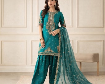 Pakistanische indische Farshi Shalwar Anzug 3-teilig, Designer Rohseide Salwar Kameez, Luxus Party Wear Outfit