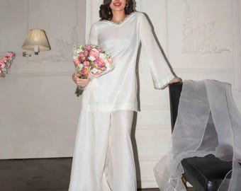 Luxus Weiß Sheesha Seide Farshi Shalwar Kameez | Eleganter 3-teiliger pakistanischer Anzug | Einfaches minimalistisches Abendkleid