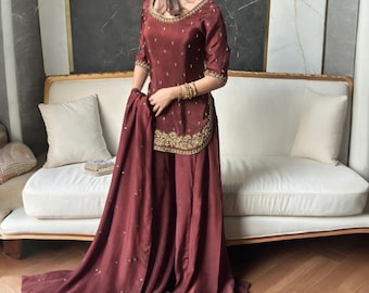 Traje Sharara de seda hecho a mano, atuendo de boda pakistaní-indio, vestido formal bordado para mujer