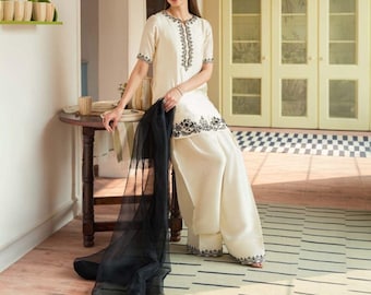 Elfenbein Schwarz bestickt Farshi Shalwar Kameez für Frauen | Pakistanischer 3-teiliger Anzug | Bescheidenes Desi Outfit | Eid, Nikkah & Party Wear Kleid