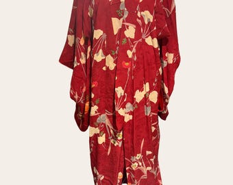 Vintage Japanese Kimono — Deep Crimson Silk Damask with Morning Glory Botanical Print — Full Length