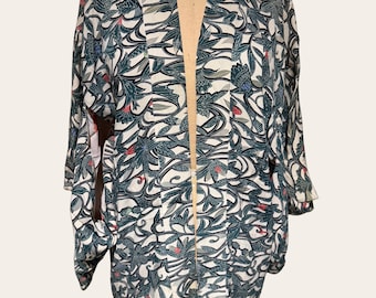 Vintage Japanese Haori Jacket — Cream Silk Dense Teal Scrolling Vine — Fan & Plum Blossom Sleeve Lining — No Ties