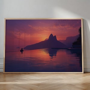 Rio Sunset Wall Art Print, Luxury Infinity Pool View, Brazil Travel Decor, Vibrant Ocean Mountain Landscape, Modern Home Art