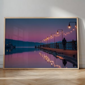 Lake House Wall Art: Twilight Pier and Warm String Lights - Rustic Dockside