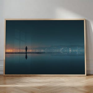 Cityscape Print: Minimalist Night Lights - Reflective Water Scene