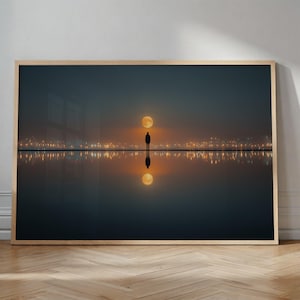 DIGITAL SAMPLE Full Moon Reflection Poster, Minimalist Solitude Art Print with City Lights, Serene Cosmic Night Sky Wall Decor
