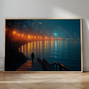 Cityscape Wall Art: Cyberpunk Night Scene - Foggy Waterfront Lights