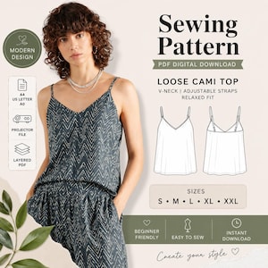 May include: A woman wearing a loose cami top and shorts with a chevron pattern. The image is a sewing pattern with the text "Sewing Pattern" and "Loose Cami Top". The pattern includes sizes S, M, L, XL, and XXL. The design is beginner-friendly.