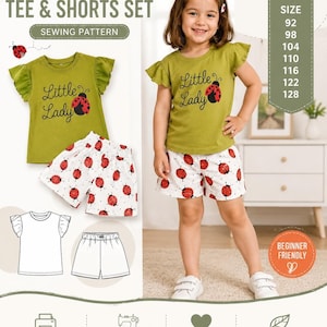 May include: A sewing pattern for a kids tee and shorts set. The olive green t-shirt features flutter sleeves and the text Little Lady with a ladybug graphic. The white shorts have a red ladybug print. Sizes 92 through 128 are listed on the side.