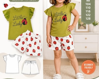 Könnte beinhalten: Ein Schnittmuster für ein Kinder-T-Shirt und Shorts-Set. Das olivgrüne T-Shirt hat Flügelärmel und den Text Little Lady mit einem Marienkäfer-Motiv. Die weißen Shorts haben einen roten Marienkäfer-Druck. Die Größen 92 bis 128 sind angegeben.