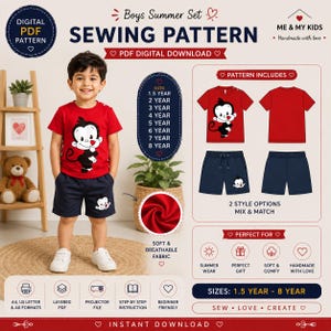 May include: A digital PDF sewing pattern for a boys' summer set, including a red t-shirt and navy shorts with a cartoon character design. The pattern includes sizes from 1.5 to 8 years and is beginner-friendly. The text on the image says "Boys Summer Set" and "Sewing Pattern".