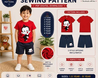 Boys Summer Set Sewing Pattern for kids  | T-Shirt Shorts PDF (Sizes 1.5-8)