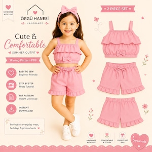 May include: A pink two-piece summer outfit for a child, featuring a ruffled crop top and shorts, and a matching headband. The image includes text that says "Cute & Comfortable SUMMER OUTFIT" and "2 PIECE SET".