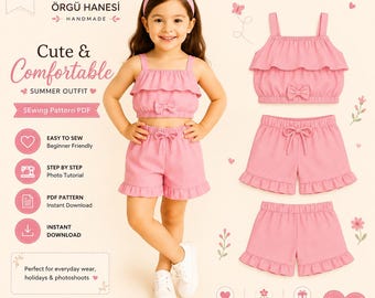 Girls Summer Outfit Sewing Pattern For Kids | Ruffle Crop Top & Shorts Set (PDF Download)