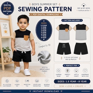May include: Digital PDF sewing pattern for a boys' summer set. The pattern includes a t-shirt and shorts, with sizes ranging from 1.5 to 8 years. The design features a color-blocked t-shirt with a pocket and drawstring shorts. The pattern is beginner-friendly.