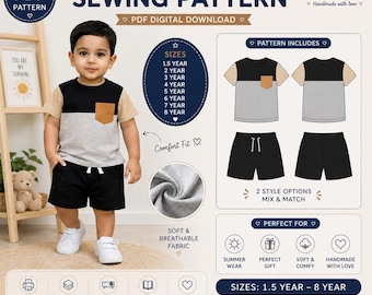 Boys Summer Set Sewing Pattern for kids  | T-Shirt & Shorts PDF (Sizes 1.5Y-8Y)