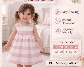 Baby Girl Striped Dress Pattern PDF | Toddler Sleeveless Dress Sewing Pattern | Sizes 62-92 | Instant Download