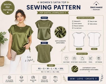 Molde para blusa feminina de cetim | Modelagem solta, manga curta (Download digital)