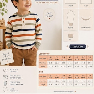 May include: A sewing pattern for a kids' striped Henley top, designed for children aged 1.5 to 8 years. The image includes a photo of a child wearing the shirt, along with pattern pieces and a size chart in inches and centimeters.