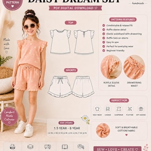 Naaipatroon madeliefjepyjama voor kinderen | Set shorts met ruches aan de mouwen (pdf-patroon)